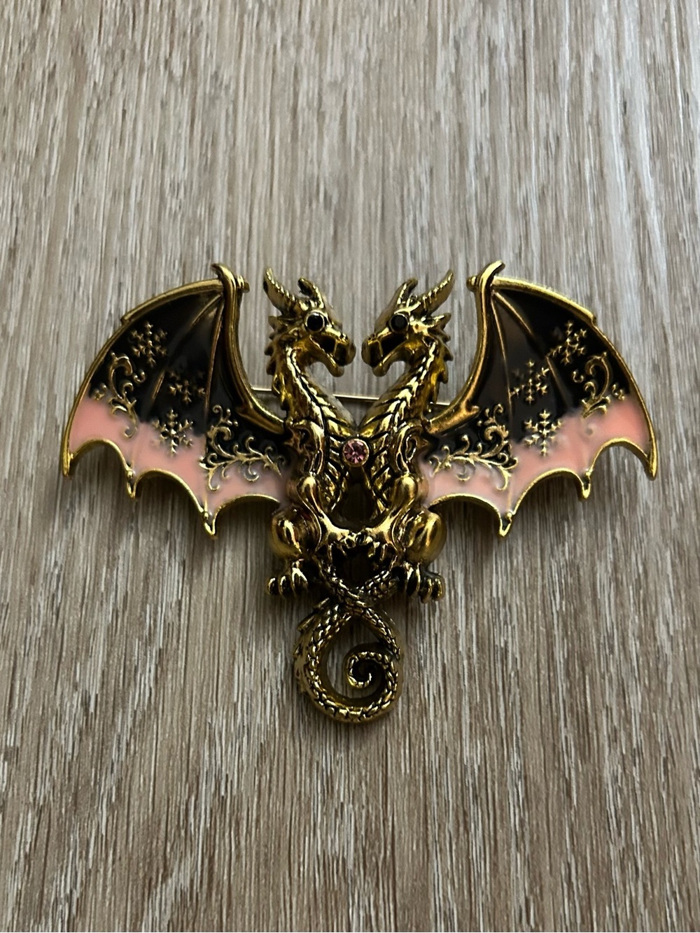 Gold Double Dragon Brooch with Pink Enamel Wings